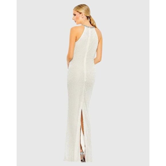 Mac Duggal Womens 4 White Beaded Sleeveless Halter Formal Long Gown Dress Flaws - Picture 3 of 16
